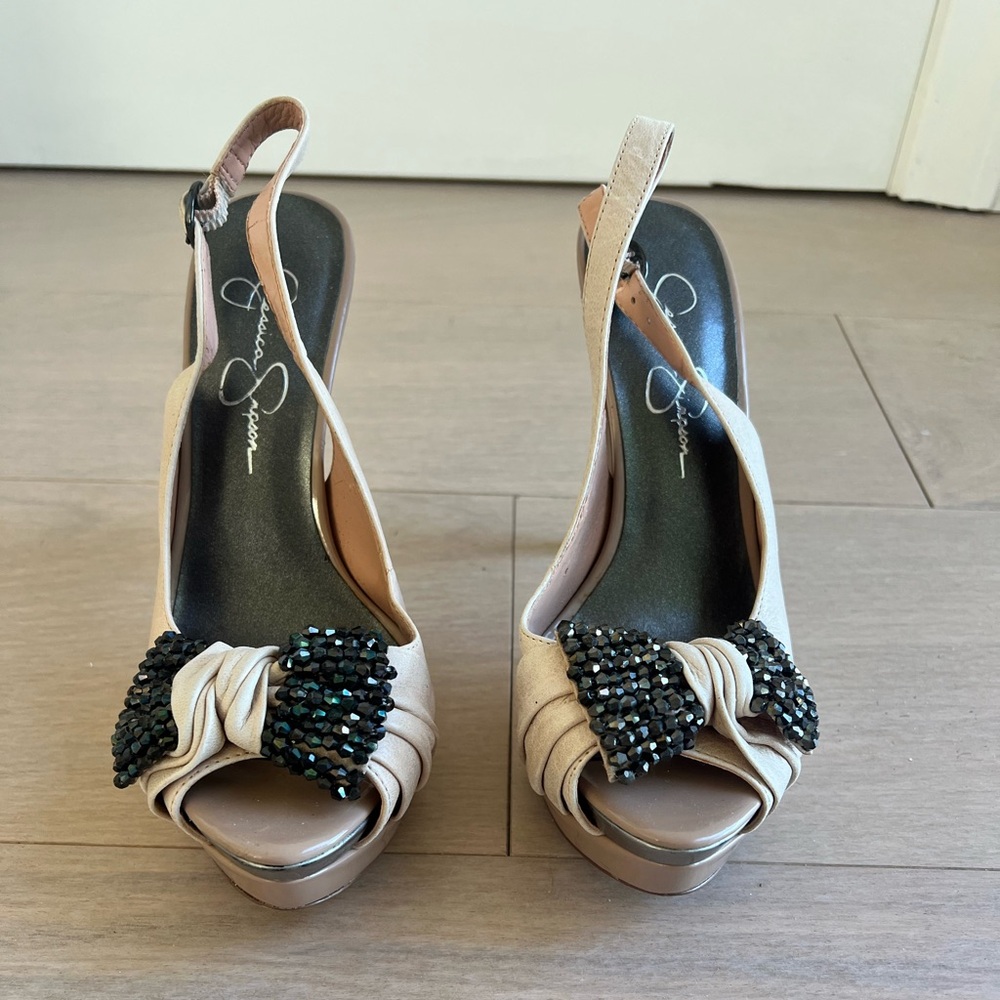 Jessica Simpson Beige Platform Slingback Open Toe Stiletto Heels with Black Bow